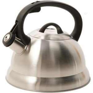 Golden Touch Stainless steel whistling kettle with hinged spout and a convenient safe and easy handle to pour. Quality and functional design for your kitchen. Heats up quickly.